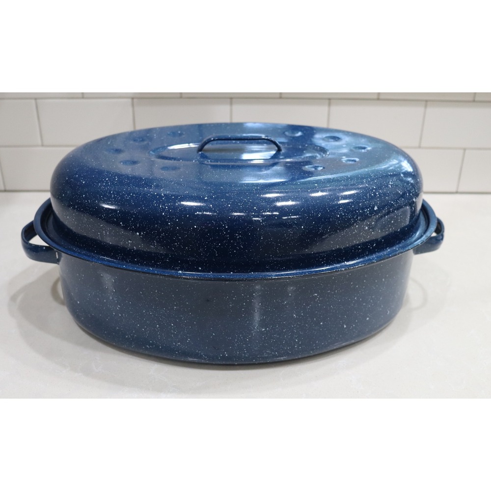 Blue Speckled Enamelware Oval Roasting Pan with Lid 16 Inch Turkey Roaster